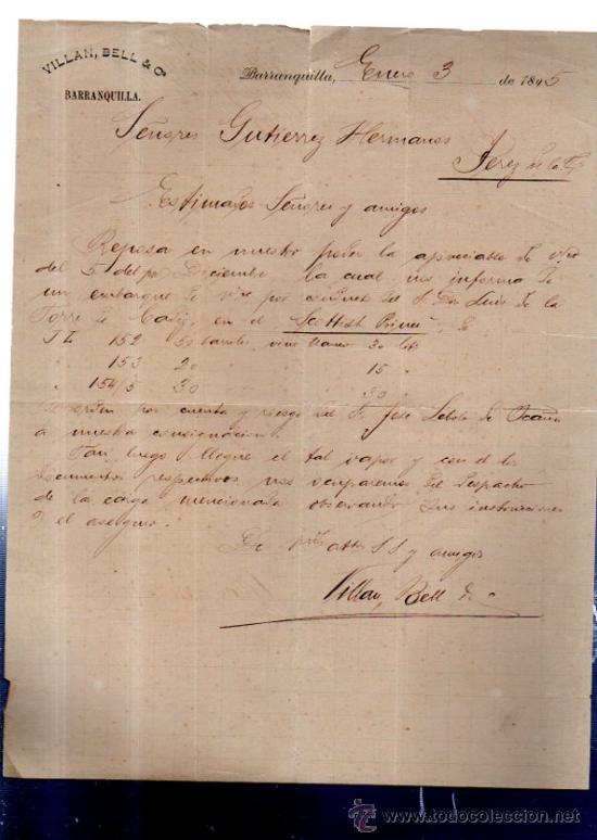 Commercial Letters: CARTA COMERCIAL. BARRANQUILLA. COLOMBIA. VILLAN, BELL & CA. 1895.