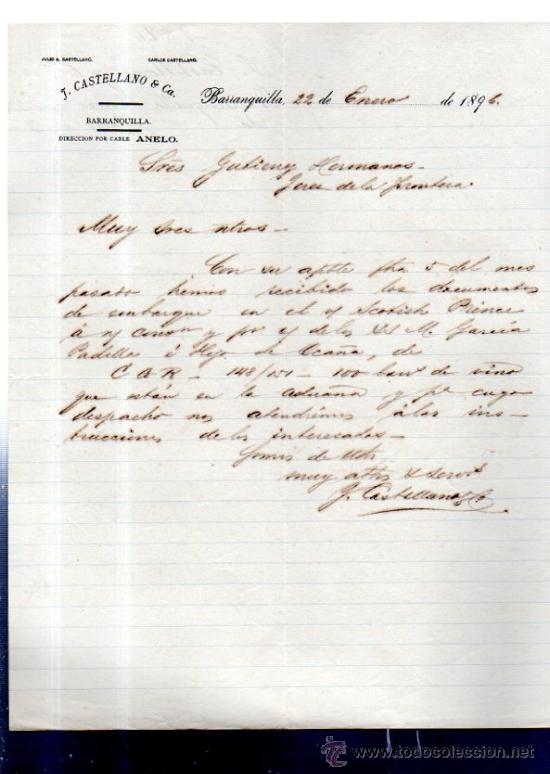 Commercial Letters: CARTA COMERCIAL. BARRANQUILLA. COLOMBIA. J. CASTELLANO & CA. 1896.