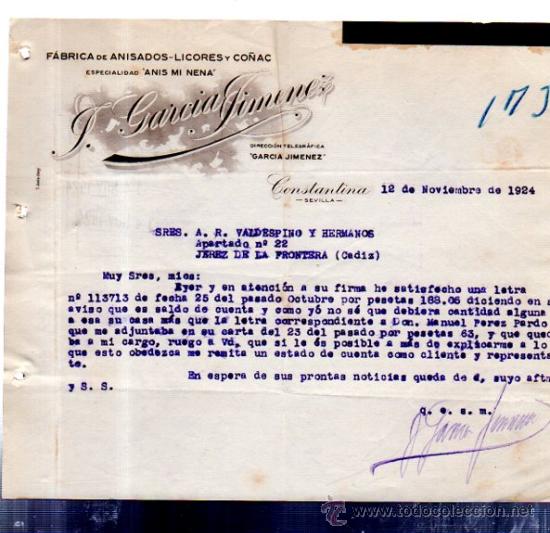 Commercial Letters: CARTA COMERCIAL. CONSTANTINA. SEVILLA. J. GARCIA JIMENEZ. ANISADOS, LICORES Y CO&Ntilde;AC. 1924.