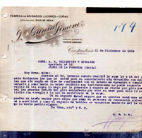 Commercial Letters: CARTA COMERCIAL. CONSTANTINA. SEVILLA. J. GARCIA JIMENEZ. ANISADOS, LICORES Y CO&Ntilde;AC. 1924.