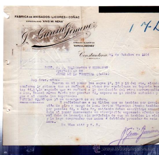 Commercial Letters: CARTA COMERCIAL. CONSTANTINA. SEVILLA. J. GARCIA JIMENEZ. ANISADOS, LICORES Y CO&Ntilde;AC. 1924.