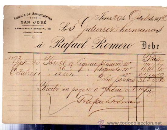 Commercial Letters: CARTA COMERCIAL. JEREZ. FABRICA DE AGUARDIENTES DE SAN JOSE. 1892.
