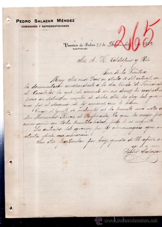 Commercial Letters: CARTA COMERCIAL. BARRIOS DE SALAS. LEON. PEDRO SALAZAR MENDEZ. COMISIONES. 1922.