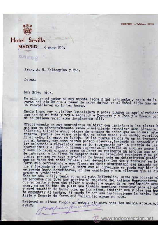 Commercial Letters: CARTA COMERCIAL. MADRID. HOTEL SEVILLA. 1935.