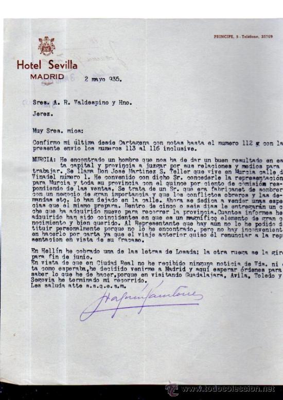 Commercial Letters: CARTA COMERCIAL. MADRID. HOTEL SEVILLA. 1935.