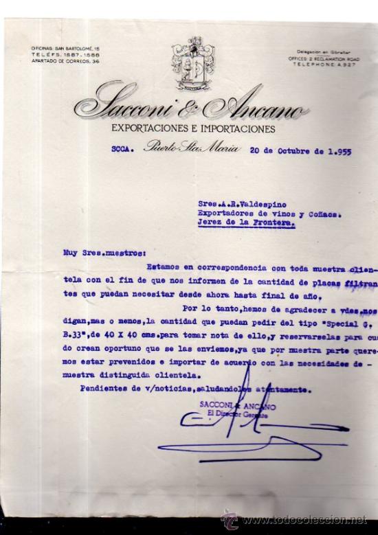 Commercial Letters: CARTA COMERCIAL. PUERTO DE SANTA MARIA. SACCONI & ANCANO. EXPORTACIONES. 1955.