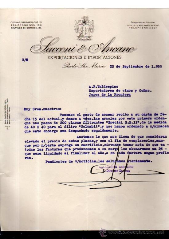 Commercial Letters: CARTA COMERCIAL. PUERTO DE SANTA MARIA. SACCONI & ANCANO. EXPORTACIONES. 1955.