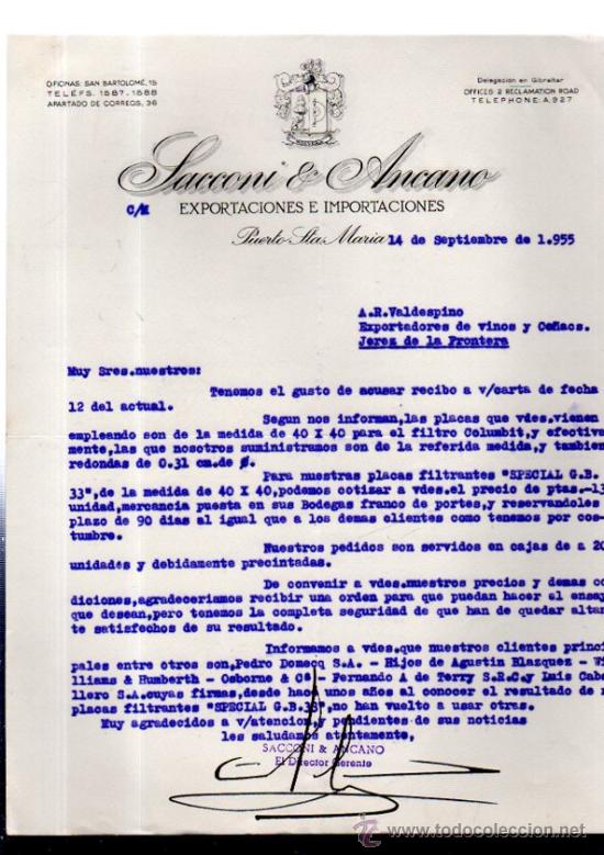 Commercial Letters: CARTA COMERCIAL. PUERTO DE SANTA MARIA. SACCONI & ANCANO. EXPORTACIONES. 1955.