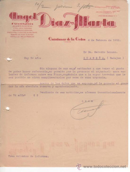 Lettres commerciales: Carta comercial &Aacute;ngel D&iacute;az Marta. Exportaci&oacute;n de queso manchego, vinos... Quintana de la Orden 1932