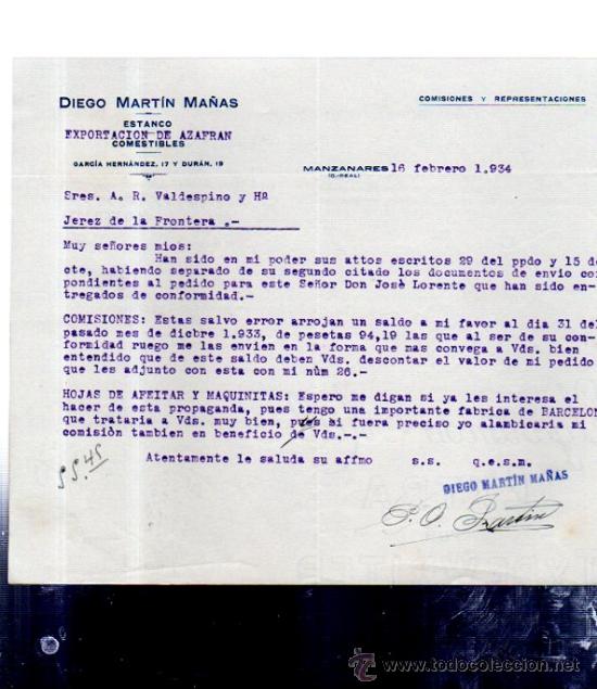 Commercial Letters: CARTA COMERCIAL. MANZANARES. CIUDAD REAL. DIEGO MARTIN MA&Ntilde;AS. ESTANCO. COMESTIBLES. 1934.