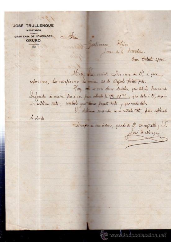 Cartas comerciais: CARTA COMERCIAL. ORURO. BOLIVIA. JOSE TRULLENQUE. IMPORTADOR. 1903.