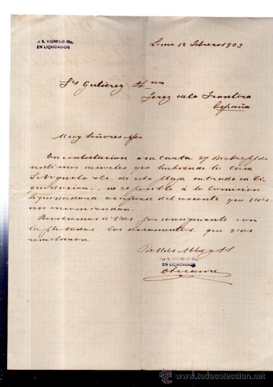 Cartas comerciais: CARTA COMERCIAL. LIMA. PERU. VIGNOLO CIA. 1903.