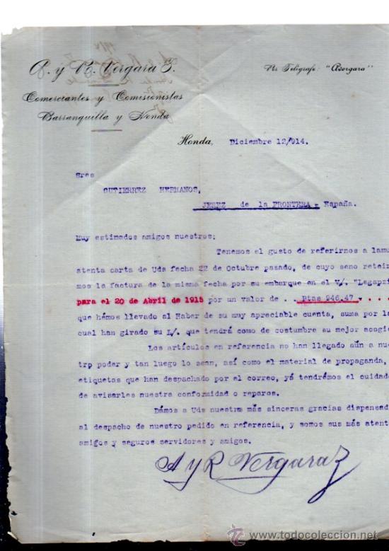 Cartas comerciales: CARTA COMERCIAL. HONDA. COLOMBIA. VERGARA. COMERCIANTES Y COMISIONISTAS. 1914.