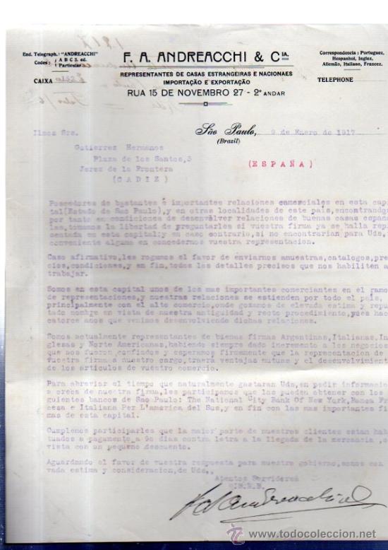 Cartas comerciales: CARTA COMERCIAL. SAO PAULO. BRAZIL. F.A. ANDREACCHI & CIA. IMPORTACION. REPRESENTANTE. 1917.