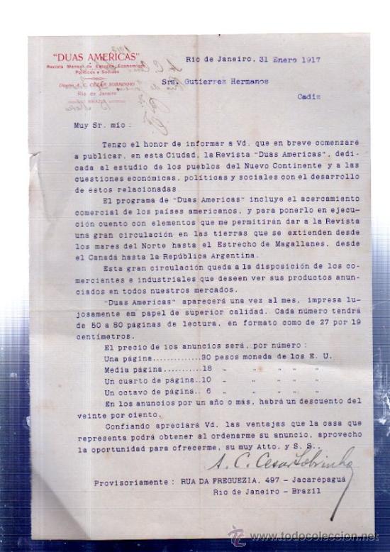 Cartas comerciales: CARTA COMERCIAL. RIO DE JANEIRO. BRAZIL. DUAS AMERICAS. REVISTA MENSAL DE ESTUDIOS ECONOMICOS. 1917.