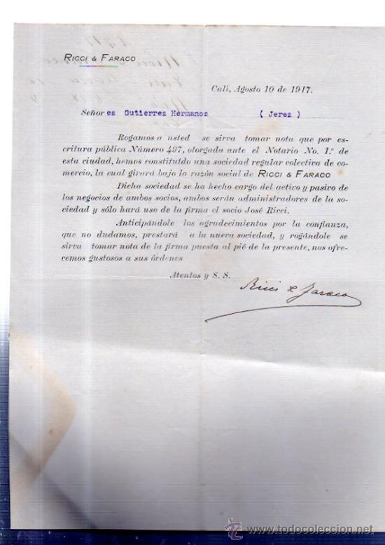 Cartas comerciales: CARTA COMERCIAL. CALI. COLOMBIA. RICCI & FARACO. 1917.