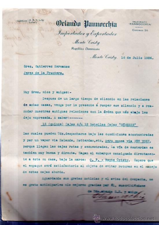 Cartas comerciales: CARTA COMERCIAL. MONTE CRISTY. REPUBLICA DOMINICANA. ORLANDO PANNOCCHIA. IMPORTADOR. 1924.