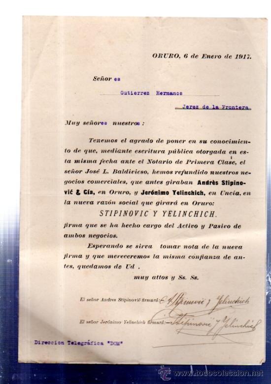 Lettere commerciali: CARTA COMERCIAL. ORURO. BOLIVIA. STIPINOVIC Y YELINCHICH. 1917.