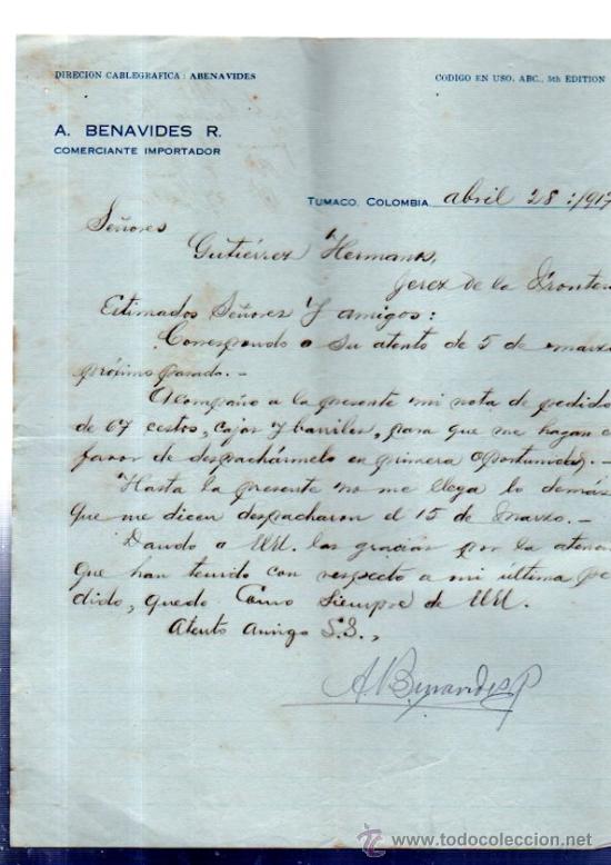Lettere commerciali: CARTA COMERCIAL. TUMACO. COLOMBIA. A. BENAVIDES R. COMERCIANTE IMPORTADOR. 1917.