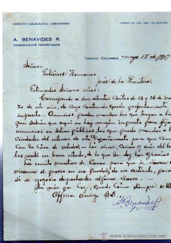 Lettere commerciali: CARTA COMERCIAL. TUMACO. COLOMBIA. A. BENAVIDES R. COMERCIANTE IMPORTADOR. 1917.