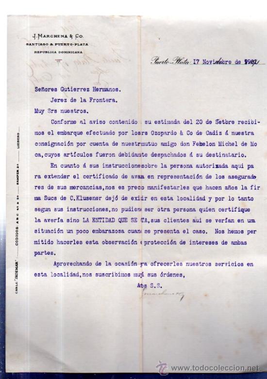 Lettere commerciali: CARTA COMERCIAL. PUERTO PLATA. REPUBLICA DOMINICANA. MARCHENA & CO. 1901.