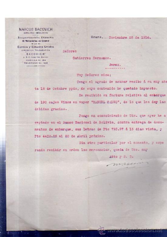 Lettere commerciali: CARTA COMERCIAL. ORURO. BOLIVIA. MARCOS BACOVICH. IMPORTACION DIRECTA. MERCADERIAS. 1916.