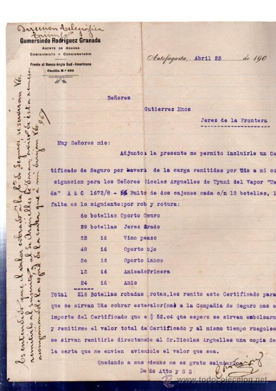Lettere commerciali: CARTA COMERCIAL. ANTOFAGASTA. CHILE. GUMERSINDO RODRIGUEZ GRANADA. AGENTE ADUANA. COMISIONISTA. 1908