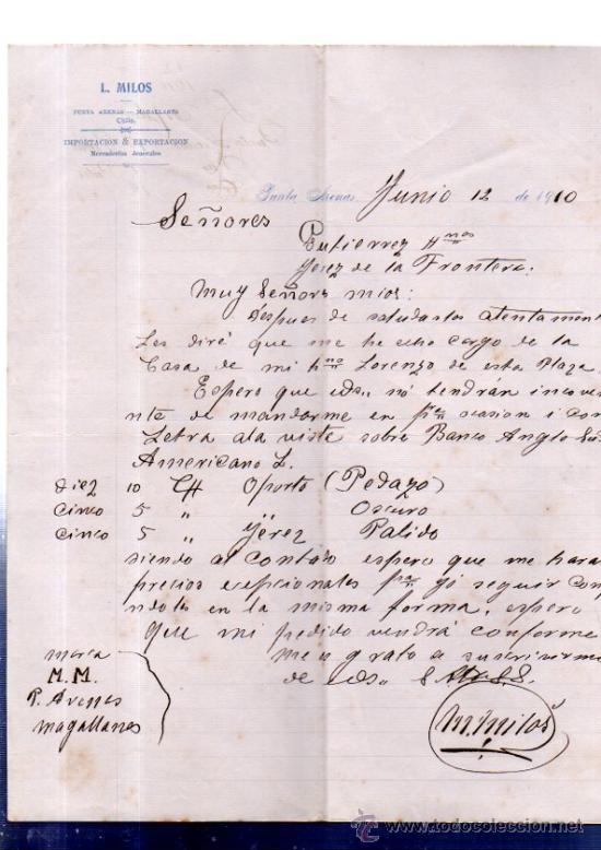Lettere commerciali: CARTA COMERCIAL. PUNTA ARENAS. CHILE. L. MILOS. IMPORTACION. 1910.