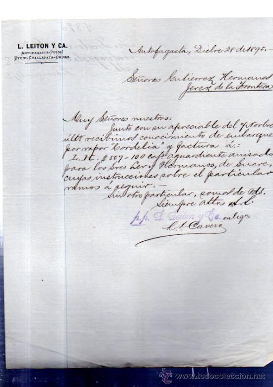Lettere commerciali: CARTA COMERCIAL. ANTOFAGASTA. CHILE. L. LEITON Y CA. 1895.