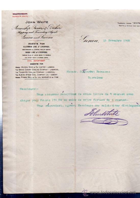 Lettere commerciali: CARTA COMERCIAL. GENOVA. ITALIA. JOHN WHITE. 1905.