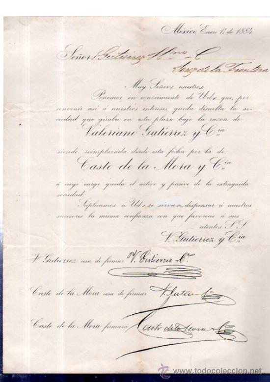 Lettere commerciali: CARTA COMERCIAL. MEXICO. VALERIANO GUTIERREZ Y CIA. CASTO DE LA MORA. 1884.