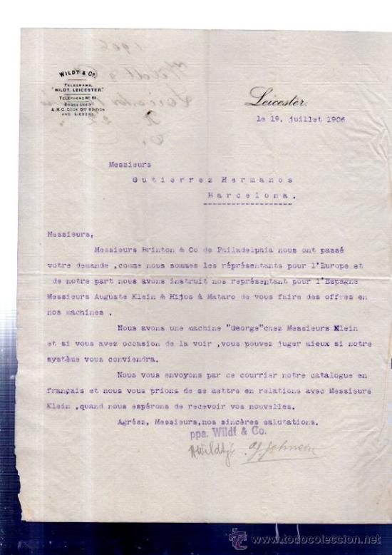 Lettere commerciali: CARTA COMERCIAL. LEICESTER. INGLATERRA. WILDT & CO. 1906.
