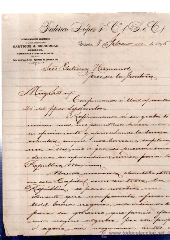 Lettere commerciali: CARTA COMERCIAL. MEXICO. FEDERICO LOPEZ Y CA. REPRESENTANTES. 1896.