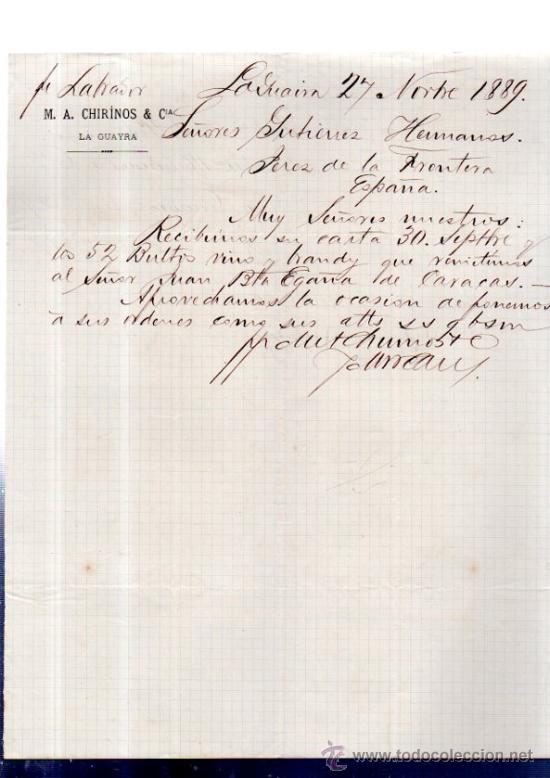 Lettere commerciali: CARTA COMERCIAL. VENEZUELA. LA GUAYRA. M.A. CHIRINOS & CIA. 1889.
