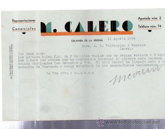 Lettere commerciali: CARTA COMERCIAL. ZALAMEA DE LA SERENA. EXTREMADURA. M. CALERO. REPRESENTACIONES COMERCIALES. 1934.
