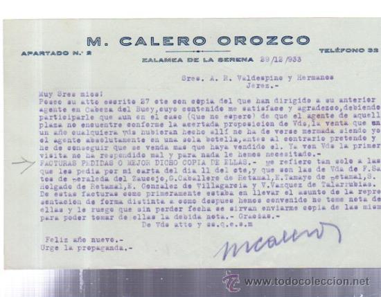 Lettere commerciali: CARTA COMERCIAL. ZALAMEA DE LA SERENA. EXTREMADURA. M. CALERO OROZCO. 1933.