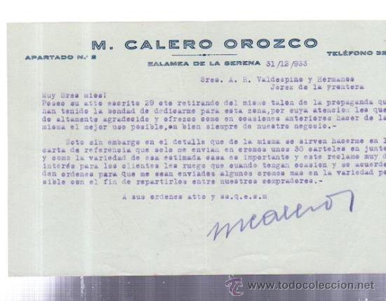 Lettere commerciali: CARTA COMERCIAL. ZALAMEA DE LA SERENA. EXTREMADURA. M. CALERO OROZCO. 1933.