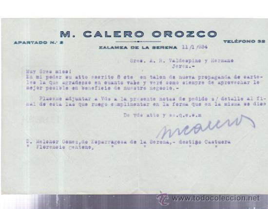 Lettere commerciali: CARTA COMERCIAL. ZALAMEA DE LA SERENA. EXTREMADURA. M. CALERO OROZCO. 1934.