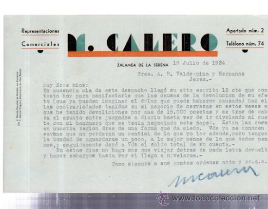 Lettere commerciali: CARTA COMERCIAL. ZALAMEA DE LA SERENA. EXTREMADURA. M. CALERO. REPRESENTACIONES COMERCIALES. 1934.