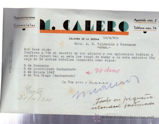 Commercial Letters: CARTA COMERCIAL. ZALAMEA DE LA SERENA. EXTREMADURA. M. CALERO. REPRESENTACIONES COMERCIALES. 1934.