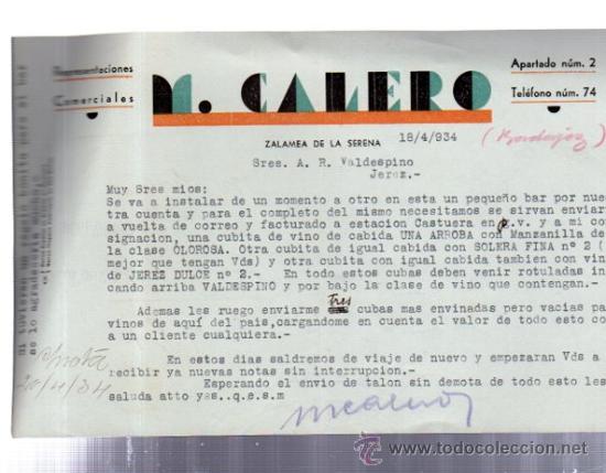 Commercial Letters: CARTA COMERCIAL. ZALAMEA DE LA SERENA. EXTREMADURA. M. CALERO. REPRESENTACIONES COMERCIALES. 1934.