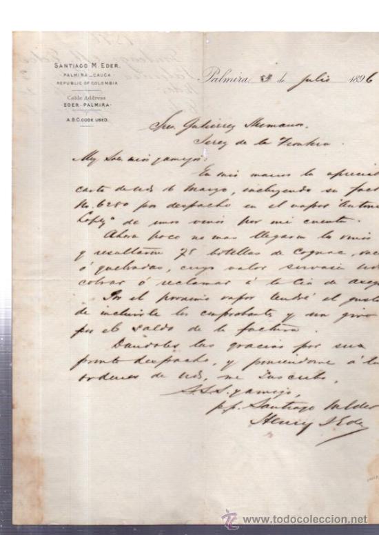 Cartas comerciales: CARTA COMERCIAL. PALMIRA. COLOMBIA. SANTIAGO M. EDER. 1896.