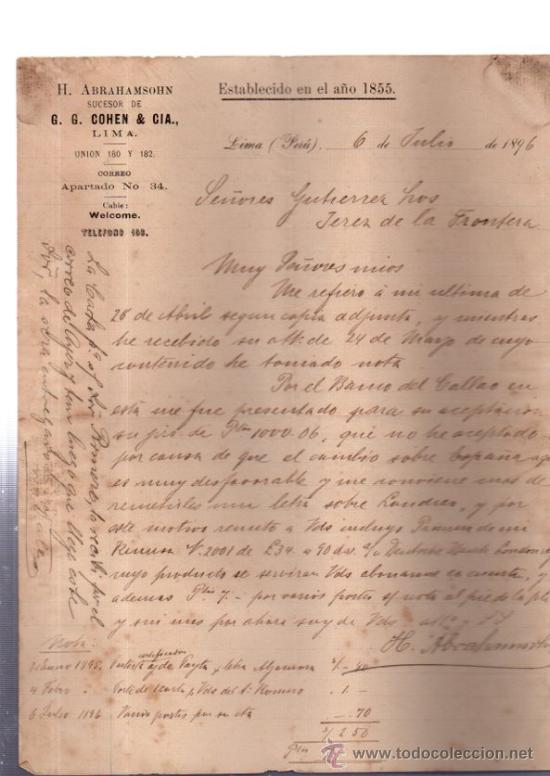 Cartas comerciales: CARTA COMERCIAL. LIMA. PERU. ABRAHAMSOHN. GOHEN & CIA. 1896.