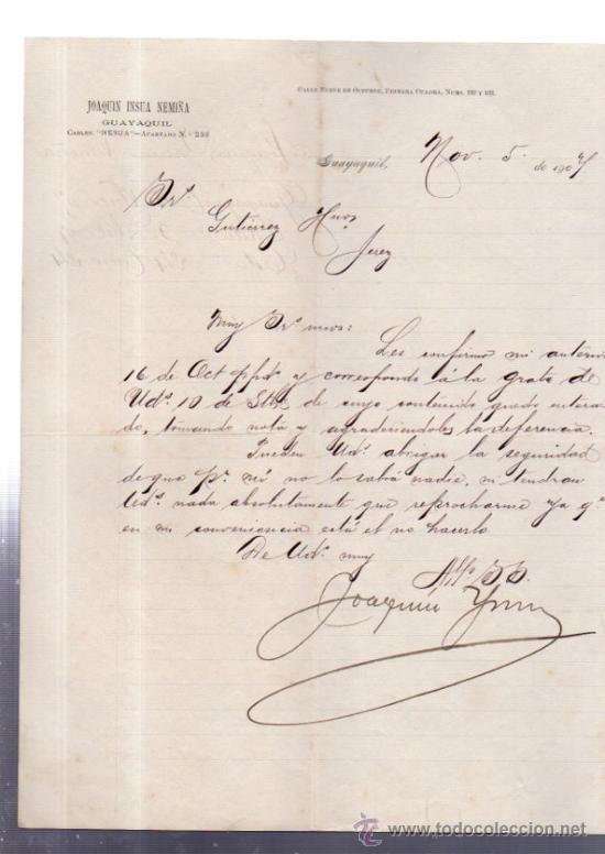 Cartas comerciales: CARTA COMERCIAL. GUAYAQUIL. ECUADOR. JOAQUIN INSUA NEMI&Ntilde;A. 1904.