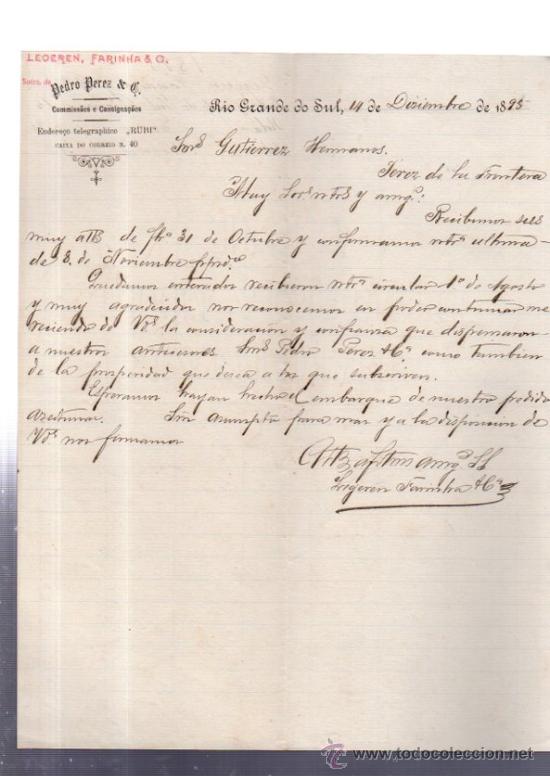 Cartas comerciales: CARTA COMERCIAL. RIO GRANDE DO SUL. BRASIL. PEDRO PEREZ & C. COMISIONES. 1895.