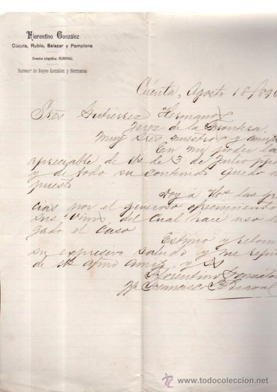 Cartas comerciales: CARTA COMERCIAL. CUCUTA. COLOMBIA. FLORENTINO GONZALEZ. 1896.