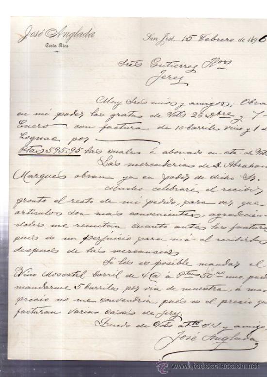 Cartas comerciales: CARTA COMERCIAL. SAN JOSE. COSTA RICA. JOSE ANGLADA. 1896.