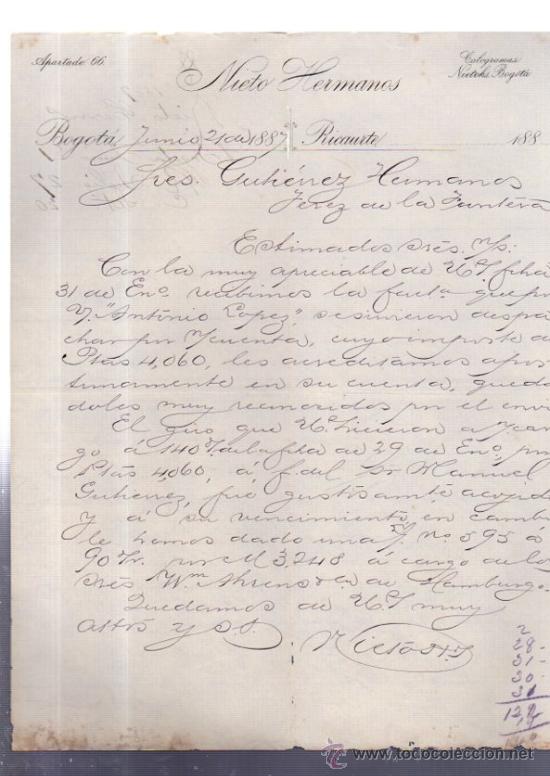 Cartas comerciales: CARTA COMERCIAL. BOGOTA. COLOMBIA. NIETO HERMANOS.1887.