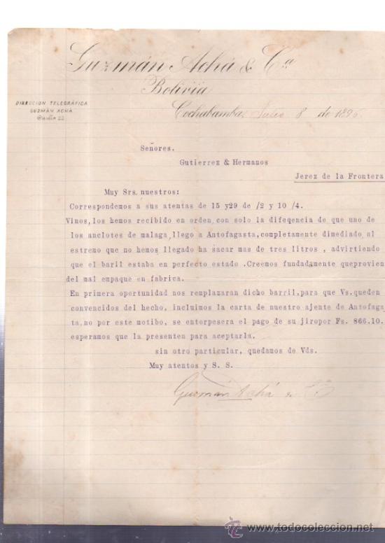 Cartas comerciales: CARTA COMERCIAL. COCHABAMBA. BOLIVIA. GUZMAN ACHA Y CA. 1896.