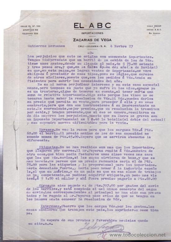 Cartas comerciales: CARTA COMERCIAL. ZACARIAS DE VEGA. CALI. COLOMBIA. EL ABC. IMPORTACIONES. 1927.
